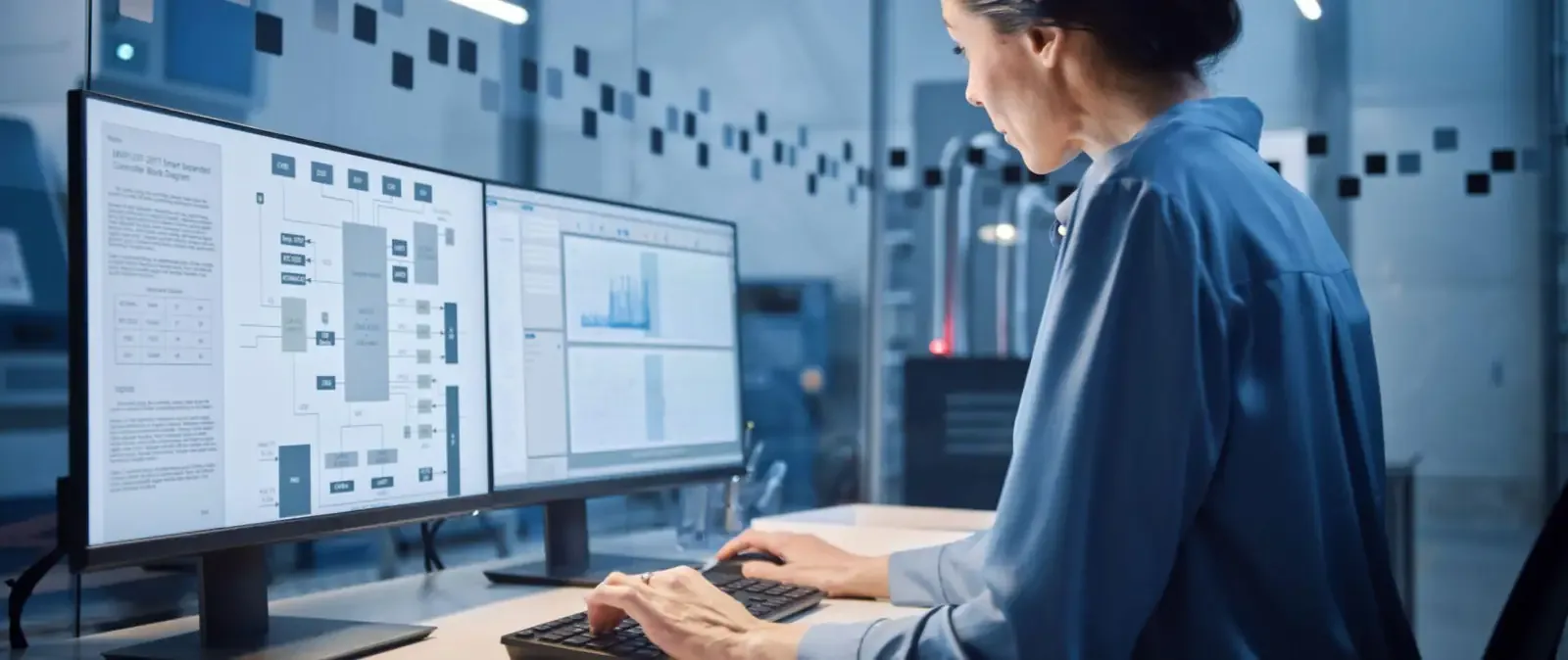 Engineer in a blue shirt works at dual monitors showing a controller block diagram and data trend charts.