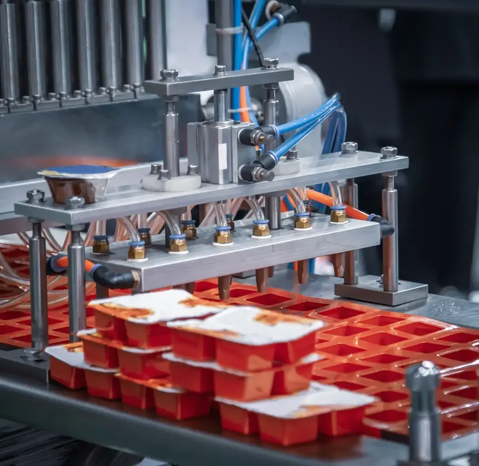 Stainless filling head with blue and orange pneumatic lines dispenses into a red multi-cup tray of sealed containers.