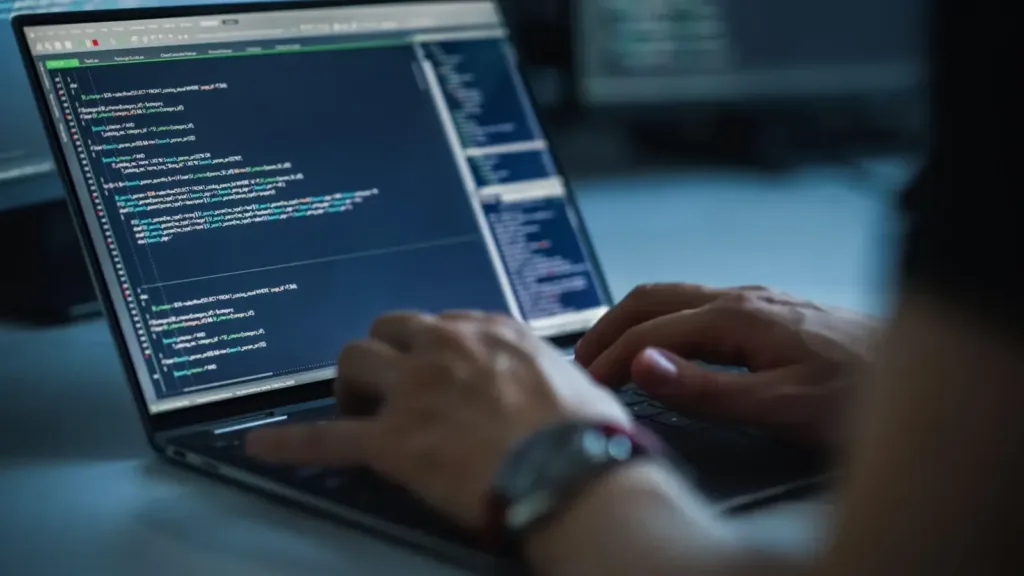 Hands type on a laptop showing dark-themed code editor tabs for PHP and JavaScript files.