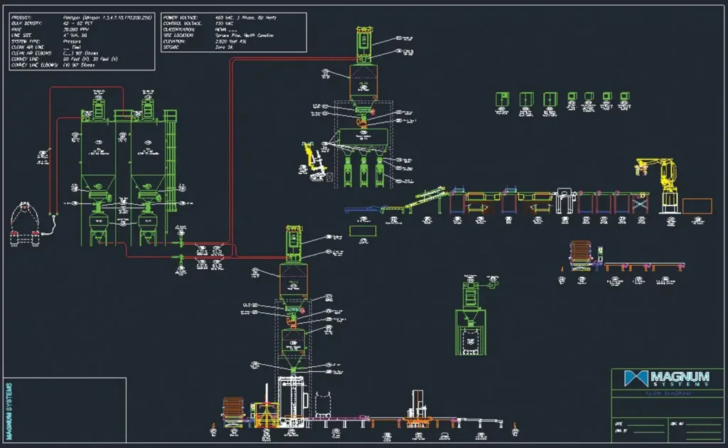 Magnum Systems CAD flow diagram of a pneumatic conveying and bagging line with silos, fillers, and palletizing.