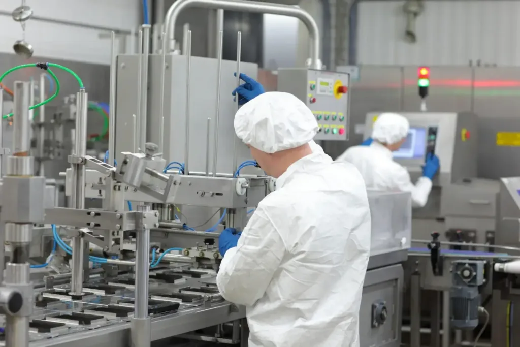 Two workers in white coats, hairnets, and blue gloves operate stainless steel packaging equipment on a clean production line.
