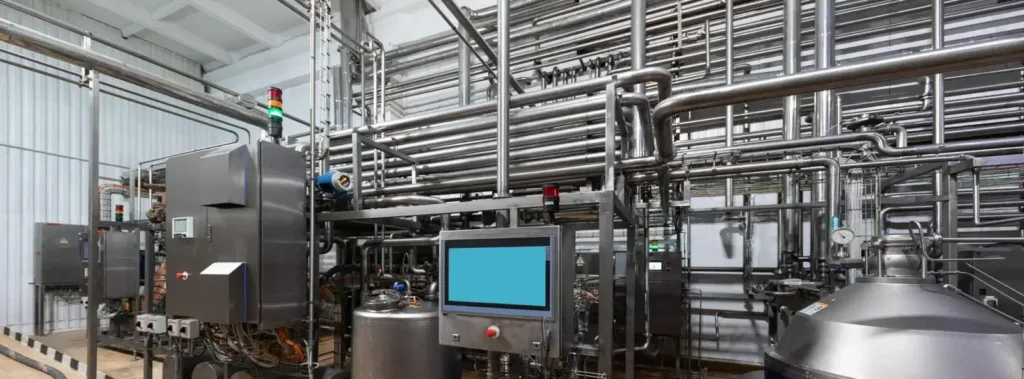 Dense stainless piping surrounds a process skid with a teal-screen HMI panel and stack lights.