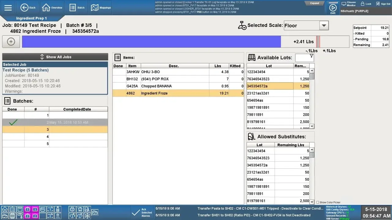 Ingredient Prep HMI listing recipe items, scale weight, available lots, and batch progress status.