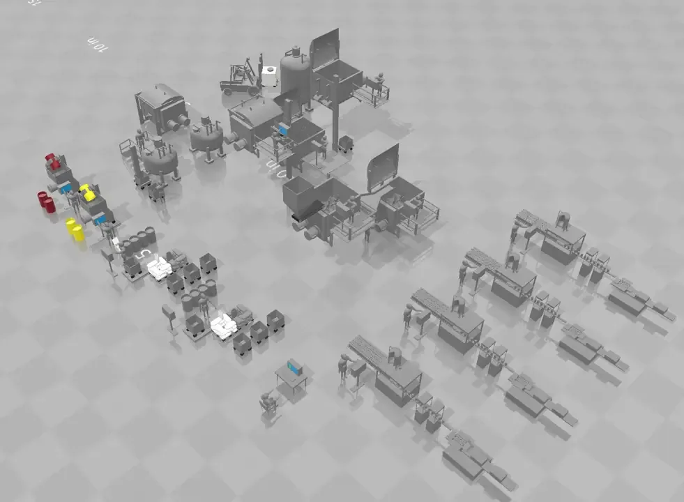 3D isometric rendering of a full industrial facility with processing equipment, conveyors, and tanks.