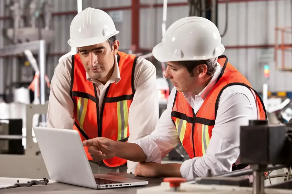 Two workers in hard hats and orange safety vests review a laptop on plant equipment near a red emergency stop.