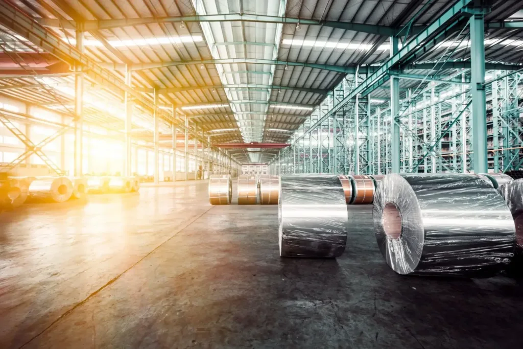 Large coils of sheet metal wrapped in plastic sit on a sunlit warehouse floor beneath teal steel roof beams.
