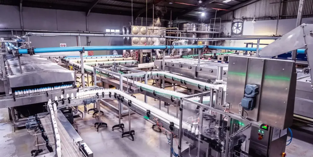 Automated bottling line carries white bottles with blue caps along winding stainless conveyors through a plant.