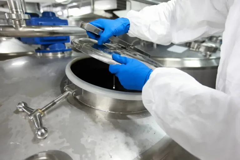 Worker in white protective suit and blue gloves opens a manhole on a stainless steel process tank.