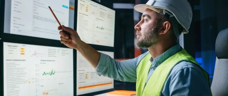 A light-skinned man wearing a white hardhat and reflective vest points with a pen at multiple computer screens showing data and charts in a control room.